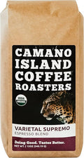 Camano Island Coffee Roasters Varietal Supremo Espresso Blend Ground 12oz Fresh Dark Roast USDA Organic Fairly Traded Shade Grown Arabica Chocolate Caramel Hint of Spice Flavor Profile