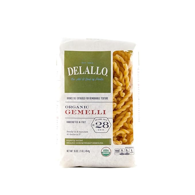 DeLallo Organic Gemelli Pasta Made with 100% Semolina Durum Wheat Flour Bronze Cut Made in Italy Non-GMO Preservative Free Vegan Kosher Twisted Pasta Shape 1 Pound Bag (8 Pack)