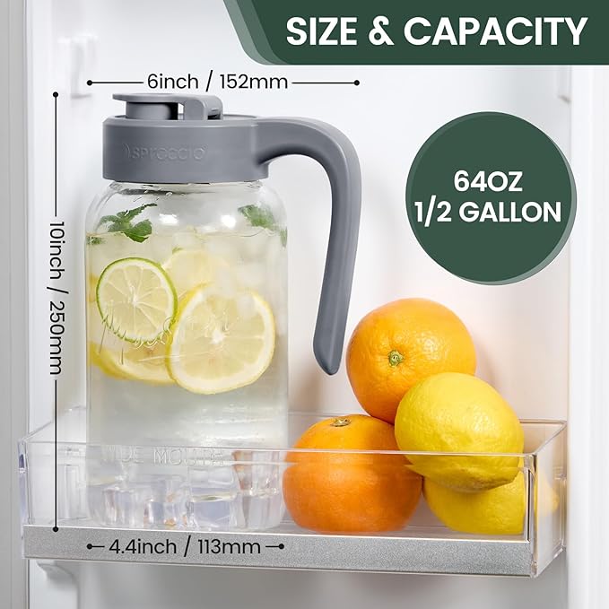 Mason Jar Pitcher - Airtight &amp Leakproof Glass Pitcher with Lid[set of 2] Perfect for Breastmilk Cold Brew and Sun Tea 2 Quart (64 oz) Mason Jar with Pour Spout Lid