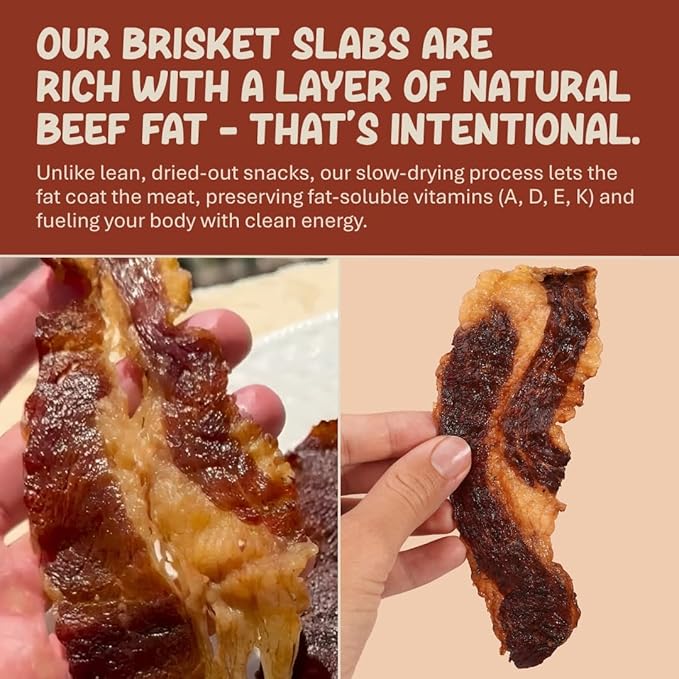 Grazly Beef Brisket Slab – Grass-Fed &amp Finished | Only Meat &amp Salt Soft &amp Buttery Texture | High-Protein Carnivore Snack | Made from 1lb Raw Brisket | 5oz On-the-Go Snack Pack
