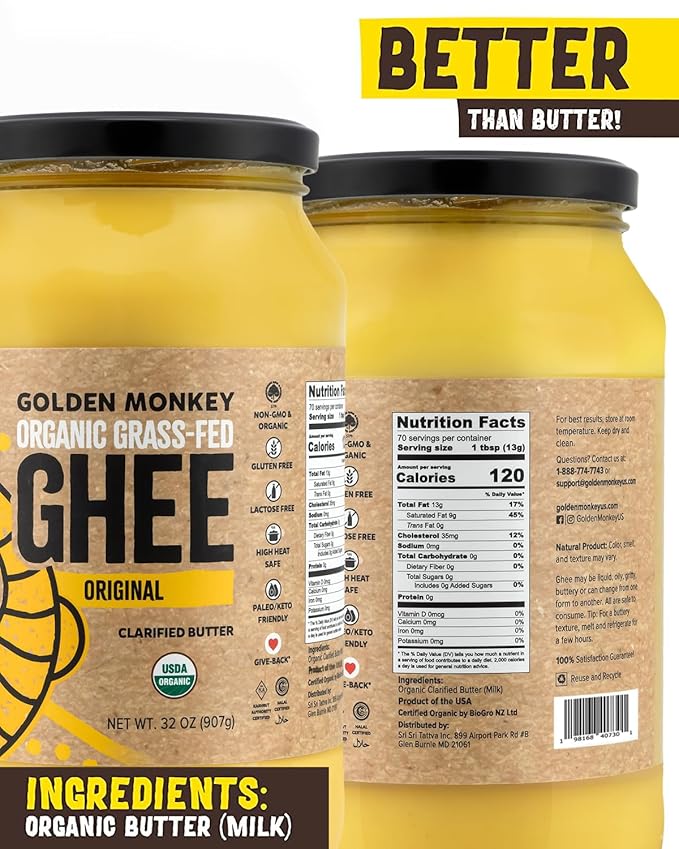 GOLDEN MONKEY Organic Ghee Butter – Grass Fed Clarified Butter for Cooking Baking Keto &amp Gut Health – Ghee Butter Organic Grass Fed from Small Farms – Smooth Spread with High Smoke Point (32oz)