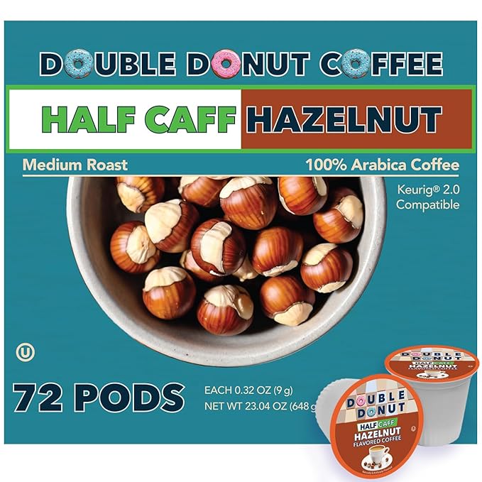 Double Donut Coffee Half Caff Hazelnut Flavored Coffee Pods Medium Roast Coffee Compatible with Keurig K Cups Brewers 72 ct