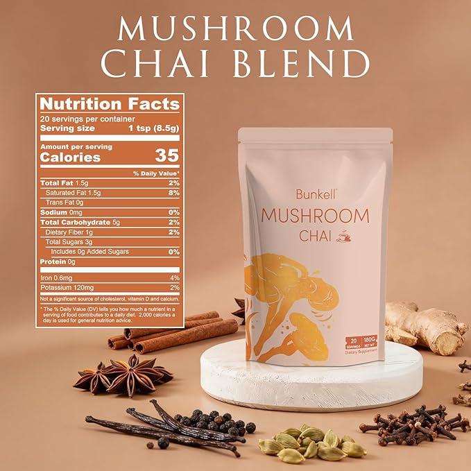 Bunkell Mushroom Chai Adaptogenic 6 Mushrooms with Lion's Mane Reishi Cordyceps Shiitake King Trumpet &amp Turkey Tail Chai Powder for Energy Focus Digestion &amp Immune Support 20 Servings