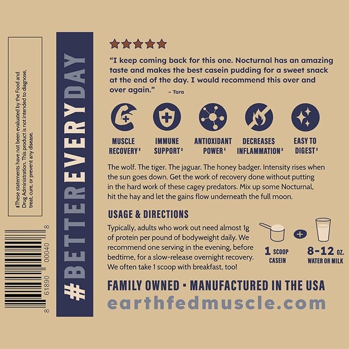Earth Fed Muscle Nocturnal Casein Protein Powder – Dark Chocolate Protein Powder with Whey Blend – 18g Protein Sugar Free Gluten Free – Nighttime Recovery Protein Poweder – 2lb 23 Servings