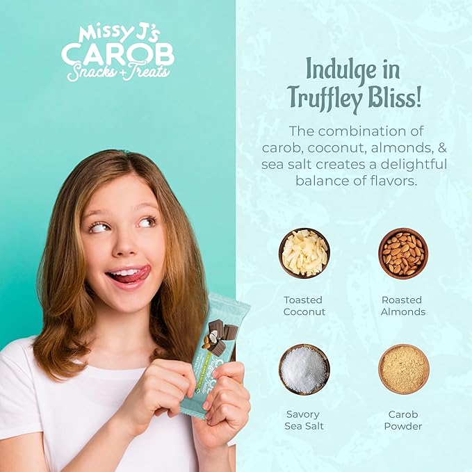 Missy J's Organic Carob Coconut Almond and Sea Salt Truffley Treats 12 Pack Vegan Gluten and Caffeine free Healthy Substitute for Chocolate Perfect for Snacks and Treats