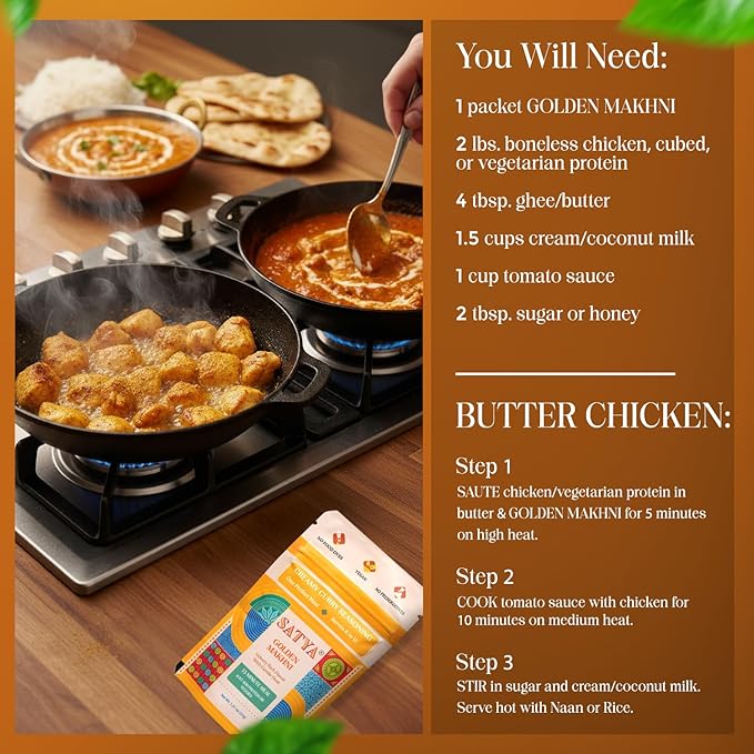Satya Butter Chicken Creamy Curry Seasoning Mix Powder 1.31 oz Sachets (Pack of 5-185gm) – Golden Makhni Curry Masala for Protein Chicken &amp Vegetables - Vegan Gluten &amp Dye Free Low Sodium I