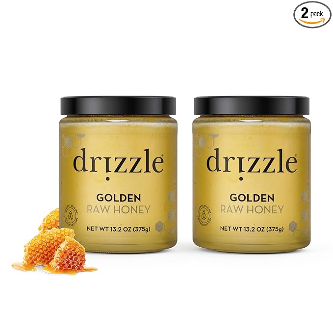 Drizzle Golden Raw Honey - All Natural Pure Raw Honey Unfiltered &amp Unheated Use in Tea &amp Coffee Sugar Substitute Certified Kosher - 13.2 oz Jar (375 g) Pack of 2