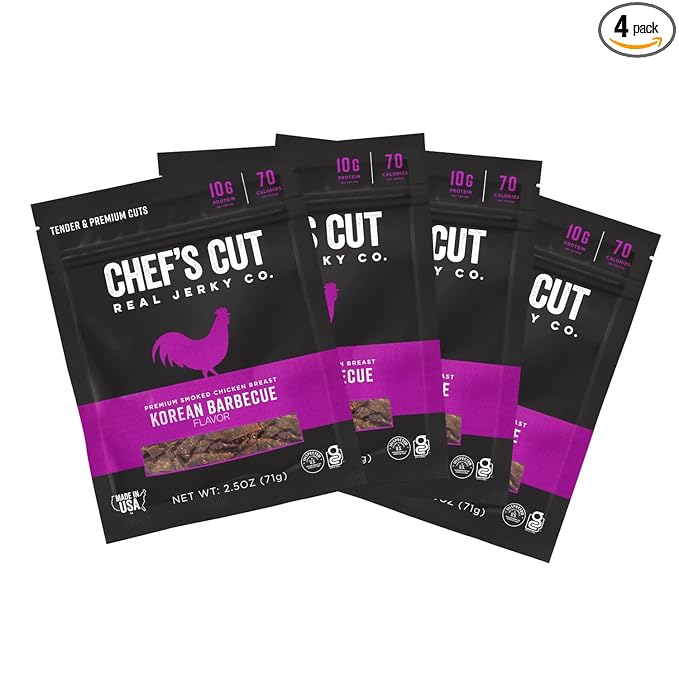 Chef’s Cut Real Chicken Jerky | High Protein Meat Snack with 10 g Protein &amp 70 Calories Gluten Free Keto-Friendly Premium Lean Smoked Chicken Breast | Korean Barbecue | 2.5 oz (Pack of 4)