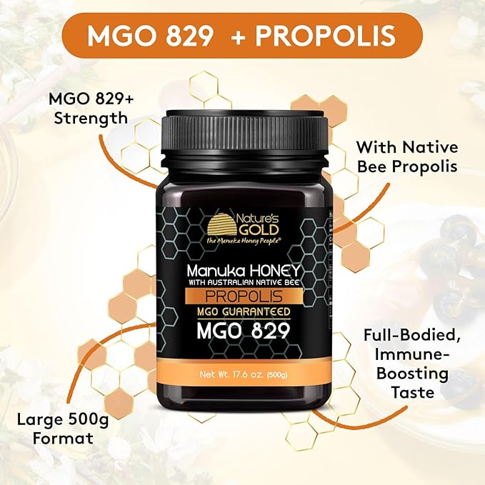 Nature’s Gold Raw Manuka Honey with Australian Native Bee Propolis MGO 829+ | 100% Pure Genuine Traceable Hive to Home