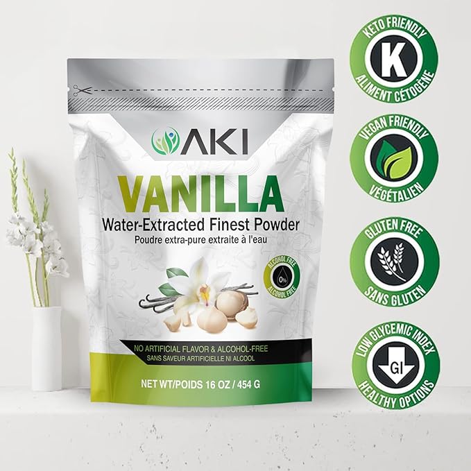 AKI Vanilla Extract Powder from Authentic Beans for Delicious Flavoring Cooking Baking Drinks Tea Coffee Smoothies Cocktails - Sugar-Free &amp Alcohol-Free (454g/1lb)