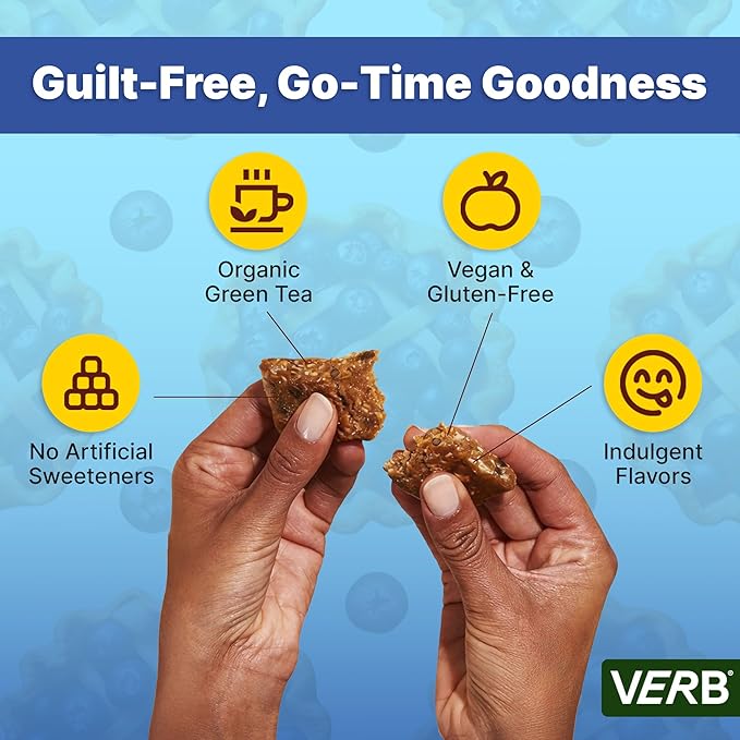 Verb Caffeinated Energy Bars Blueberry Crisp (26g Pack of 16) 110-Calorie Delicious Low Sugar Energy Bar - Vegan Gluten Free On-the Go Snack with 80mg Green Tea Caffeine Only Real-Food Ingredients