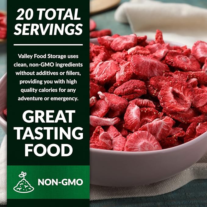 Valley Food Storage Freeze Dried Strawberries | Emergency Food Supply 25 Year Shelf Life | Survival Food Camping Snacks &amp Long Term Prepper Storage | Real Fruit Packaged in USA (10 Bags + Bucke