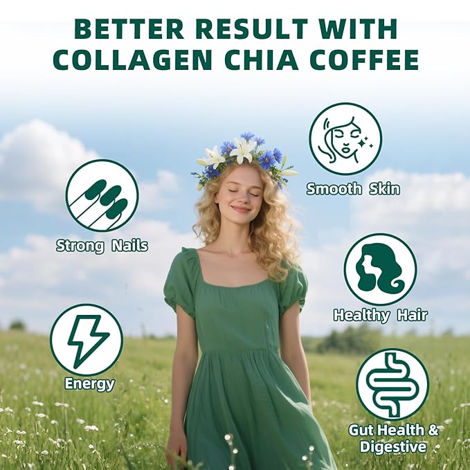 20X Collagen Chia Coffee 11 in 1 Chia Coffee Mix with Collagen &amp Chia Seeds Goji Berry Supports Hair Skin &amp Nails Sugar Free Vegan Gluten-Free 30 Servings 2PACK