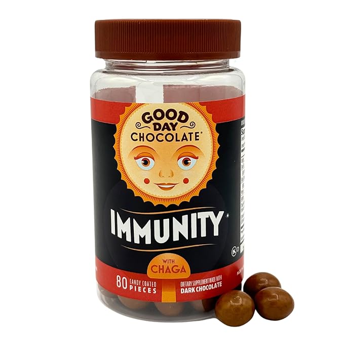 Good Day Chocolate Immunity – Dark Chocolate with Elderberry Zinc &amp Chaga Mushroom for Immune Support – Easy Daily Chocolate Supplement – 80 Count