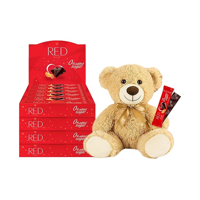 RED Delight®™ Orange and Almond Dark Chocolate 12 Count Box of Grab N Go Travel Size Bars (0.92 Ounces Each) (4 Boxes - Total of 48 Bars + 14 Plush Teddy Bear)