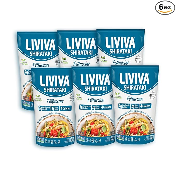LIVIVA Shirataki Konjac Fettuccine (6 Pk) – Diabetic-Friendly Low Carb Low Calorie Pasta Noodles Ready to Serve – No Odor Certified Non-GMO Gluten Free Vegan Plant-Based Keto Kosher Halal