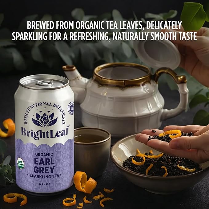 BrightLeaf Earl Grey Sparkling Tea with Functional Benefits For Focus – Regenerative Organic Lightly Caffeinated Zero Sugar Zero Calories Zero Sweeteners – 12oz Cans 12-Pack – Craft-Brewed with W