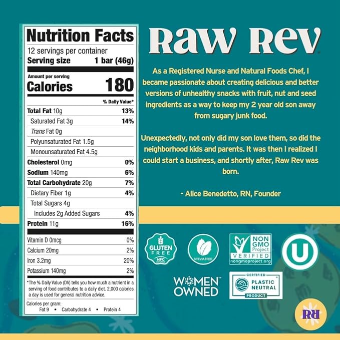 Raw Rev Vegan Protein Bars- Chocolate Chip Cookie Dough 12 bars Non-GMO Plastic-Neutral Nothing Artificial Glo Formula Gluten-Free Keto-Friendly Paleo Kosher No Sugar Alcohols No Stevia.