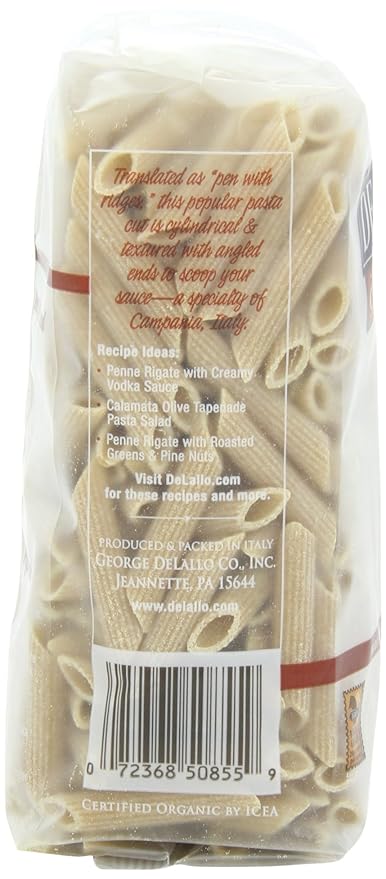 DeLallo Organic Whole Wheat Penne Rigate #361 Pound (Pack of 16)