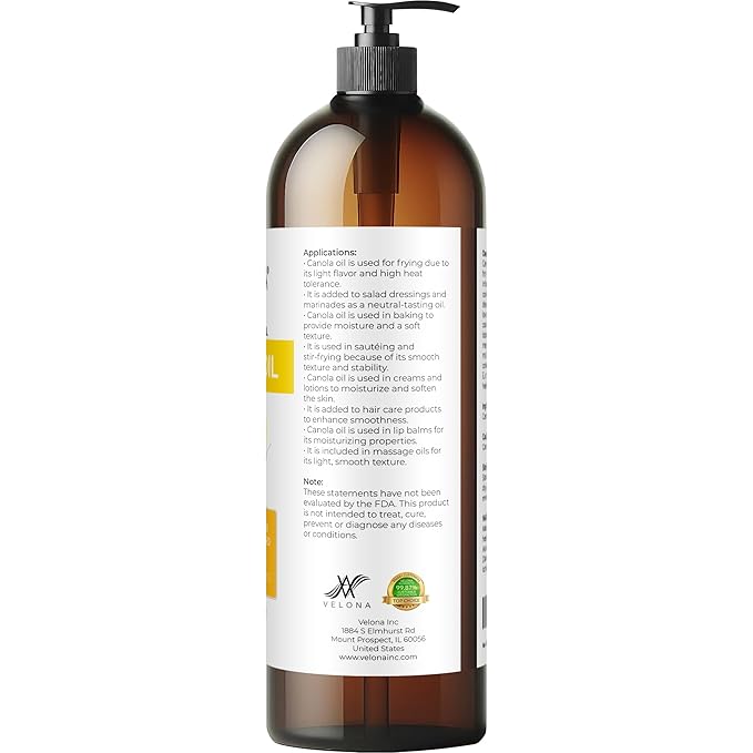 velona Canola Seed Oil 32 fl oz | 100% Pure and Natural Carrier Oil | Refined Expeller pressed | Cooking Dressing Skin Face Body Hair Care | Use Today - Enjoy Results