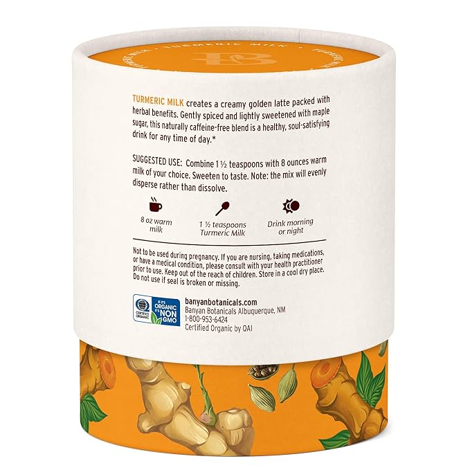 Banyan Botanicals Turmeric Milk – Organic Turmeric Latte Mix with Ashwagandha &amp Cardamom – Instant Caffeine Free Golden Milk with Maple Sugar – 4.3 oz 26 servings –Non GMO Sustainably Sourced Veg