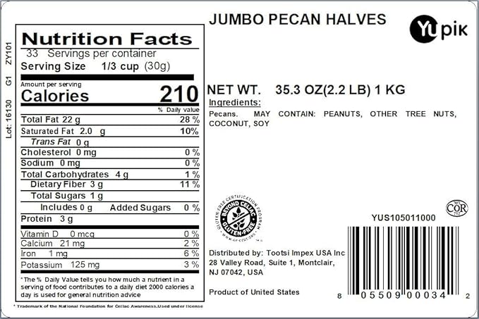 Yupik Jumbo Pecans Halves 2.2 lb (35.2 oz) Kosher Gluten-Free Raw Nuts Half Pieces Unsalted Unroasted Oil-Free Crunchy Source of Fiber Healthy Snacks Ideal for Baking &amp Cooking