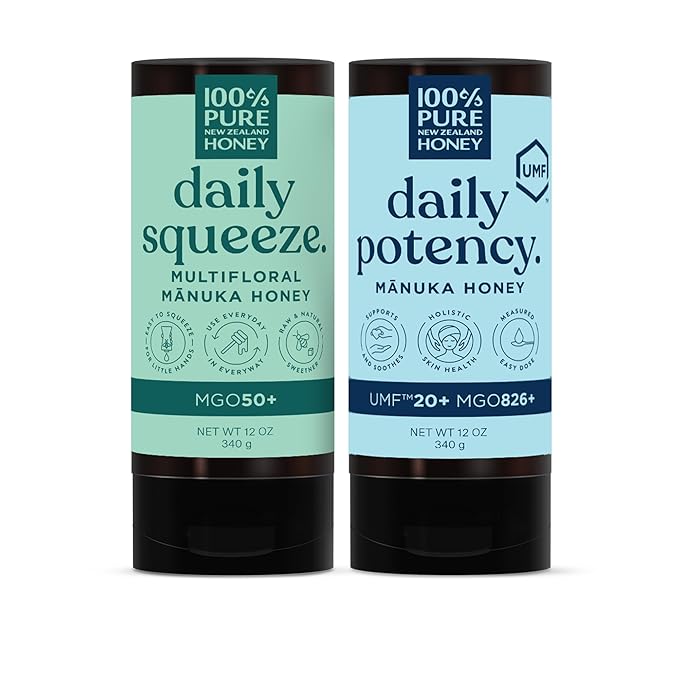 100% Pure New Zealand Manuka Honey MGO 50+ Multifloral Squeezy and UMF 20+ Squeezy Bundle