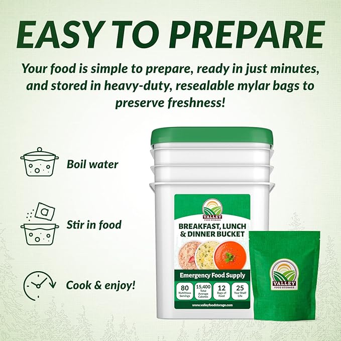 Valley Food Storage 80 Serving Emergency Food Supply Bucket | Breakfast Lunch &amp Dinner Survival Meals | 25 Year Shelf Life Prepper Food for Disaster Preparedness Camping &amp Off-Grid Living