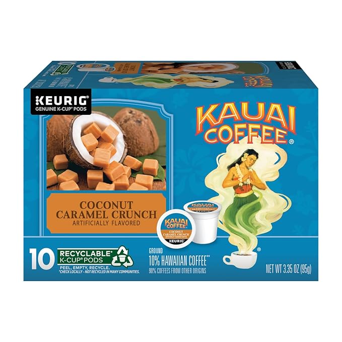 Kauai Coffee K-Cup Pods (Coconut Caramel Crunch Garden Isle Medium Roast &amp Island Sunrise Mild Roast) Variety Pack