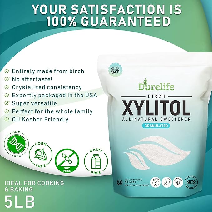 DureLife XYLITOL Sugar Substitute 10 LB (160 OZ) Made From 100% Pure Birch Xylitol NON GMO - Gluten Free - Kosher Sugar alternative