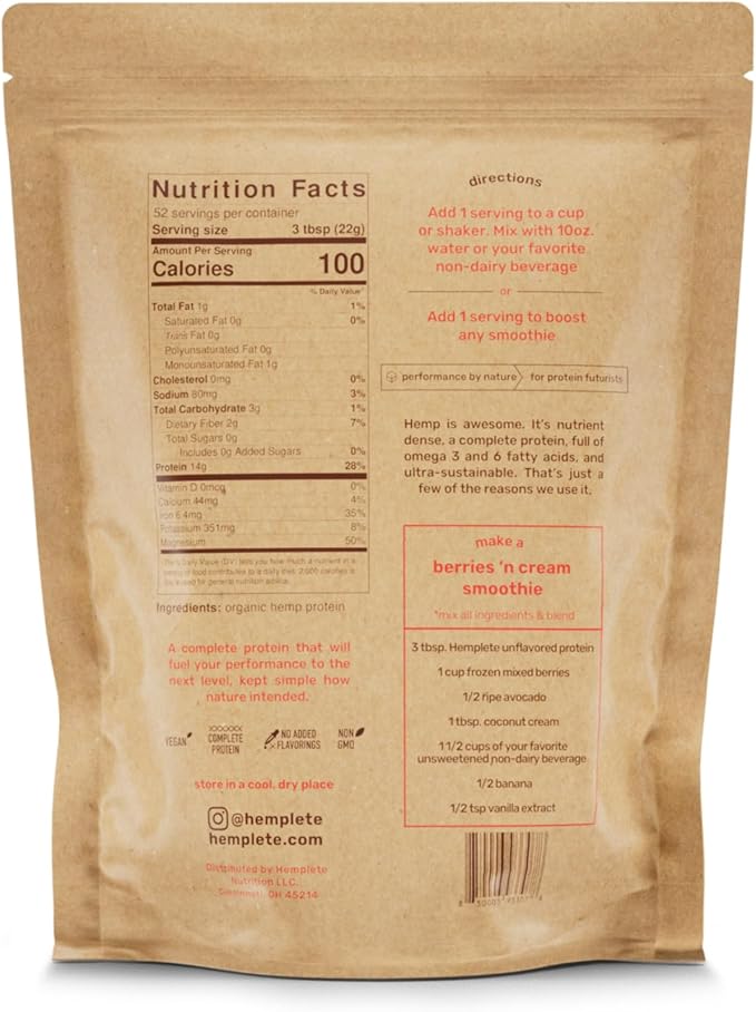 Organic Hemp Protein Powder Unflavored 40oz Value Size | Organic Vegan Protein 70%+ Concentrate Complete Amino Acids Gluten-Free No Sugar Keto Friendly Clean and Natural