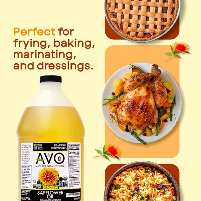 AVO Organic Safflower Oil for Cooking Frying Baking Salads Vinaigrette Marinades. General Cooking Oil 64 Fl-oz (Half a Gallon) No preservatives Naturally Processed High Smoke Point 465°F