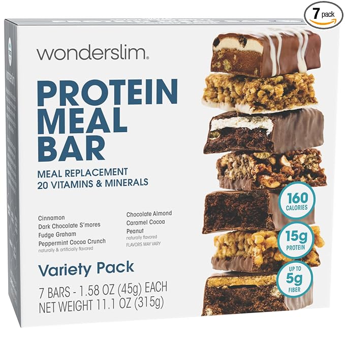 WonderSlim Meal Replacement Protein Bar Variety Pack 15g Protein 20 Vitamins &amp Minerals (7ct)
