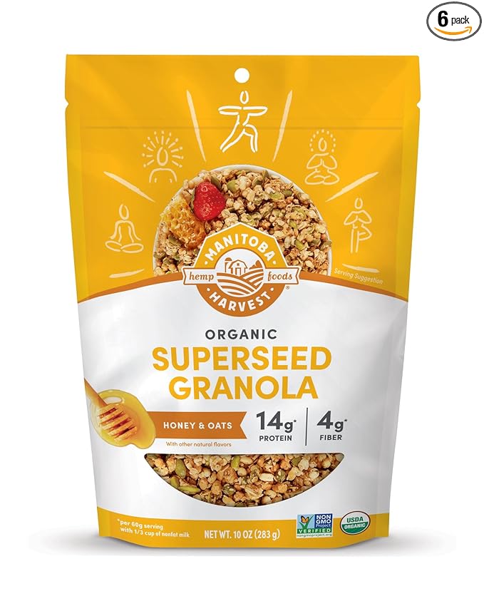 Manitoba Harvest Hemp Yeah Superseed Granola Honey &amp Oats- 10oz 6 Packs - 11g Protein 4g Fiber 3.5g Omega 3 &amp 6 per 60g serving - With Hemp &amp Pumpkin Seeds - Vegan Non-GMO Project Ver
