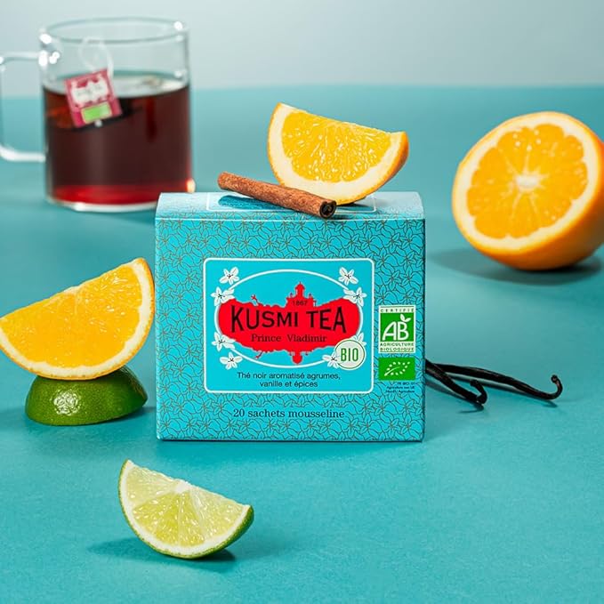 Kusmi Tea - Pack of 2 Boxes of Tea Bags - Prince Vladimir - Organic Earl Grey Black Tea with Orange - Flavored with Citrus Cinnamon Bergamot Vanilla &amp Spices - Caffeinated Tea - 2x20 Tea Bags