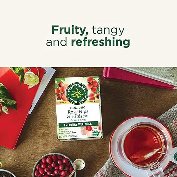 Traditional Medicinals Tea Organic Rose Hips &amp Hibiscus - Supports Everyday Wellness - Kosher Non-GMO Caffeine-Free - 96 Tea Bags (Pack of 6)