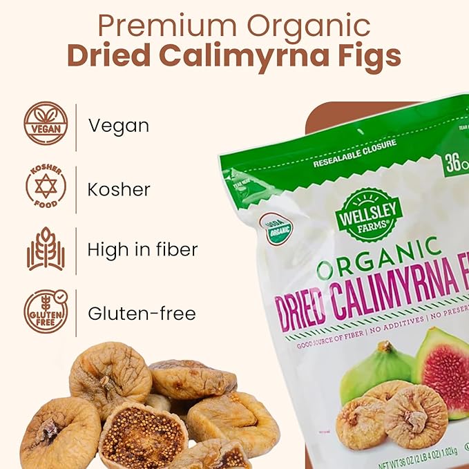 Wellsley Farms Organic Dried Calimyrna Figs - Naturally Sweet High Fiber Snack - No Sugar Added Dried Figs - Gluten-Free Vegan Kosher - Organic Dried Fruit for Snacking Baking - 36oz Resealable Bag