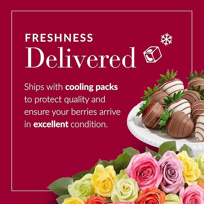 Shari’s Berries 24 Assorted Roses with Vase &amp 6 Gourmet Chocolate Covered Strawberries Gift Set| Flower &amp Chocolate Gift Delivery for Valentine's Day Anniversary Birthday &amp Thank You