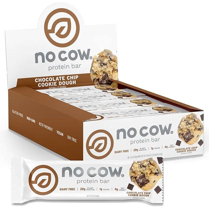 No Cow Vegan Protein Bars Upgraded Chocolate Chip Cookie Dough | 20g Plant Based Protein Gluten Free Dairy Free Soy Free Keto Friendly Low Sugar High Fiber Snack Bars | Pack of 12