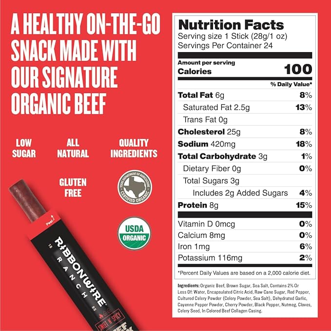 Ribbonwire Ranch Beef Sticks Made with Organic Beef Pasture Raised High Protein Snack Healthy Low Carb Keto Friendly Gluten Free Nitrate Free On the Go 1 Oz Sticks Sweet N' Spicy 24 Pack
