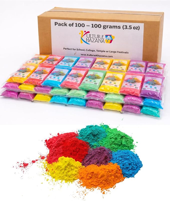 Kulture Khazana Holi Color Powder Bulk 100 Pack (100g Each 8 Bright Colors) – Non Toxic Gulal for Festival of Colors College &amp School Events Color Run &amp Large Spring Celebrations