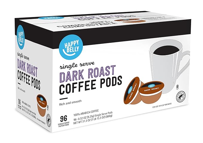 Amazon Brand - Happy Belly Dark Roast Compostable Coffee Pods Compatible with K-Cup Brewer 96 Count (Pack of 2)