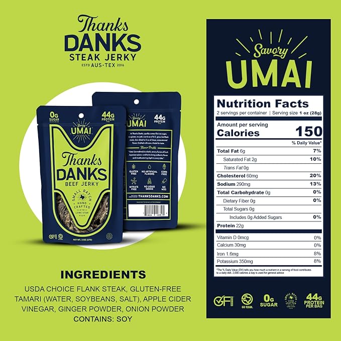 Thanks Danks - Umai - Small Batch Grass-Fed Steak Jerky - Sugar Free Gluten Free Nitrate Free - Guilt-Free Protein Snack - 57g (3 Pack)