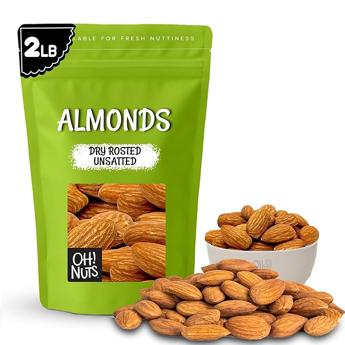 Oh! Nuts Almonds - Dry Roasted Unsalted Almonds - 2 lb - No Salt No Oil All-Natural Protein - Packed in New York Zip-Seal Bag for Exceptional Freshness