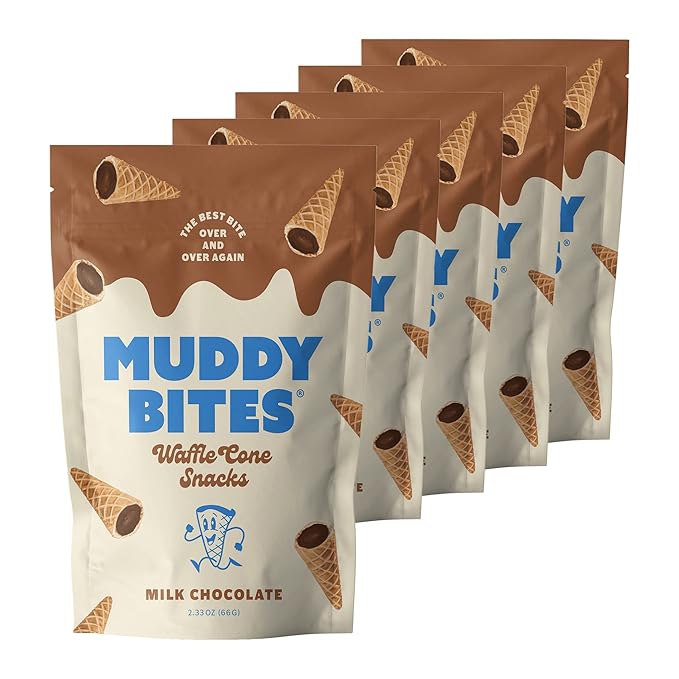 Muddy Bites Waffle Cone Snacks Bite Sized Chocolate Filled Waffle Cones for Snack or Dessert Ice Cream Topping made with Pure Cane Sugar Kosher (2.33 oz (Pack of 5) Milk-Chocolate)