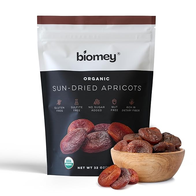 Biomey Organic Certified 2 LB Sun-Dried Unsulphured Turkish Apricots - Soft &amp Juicy Dried Fruit - No Sugar Added - No Preservatives - Vegan - Non-GMO - Gluten Free Healthy Snack - Bulk Value Resea