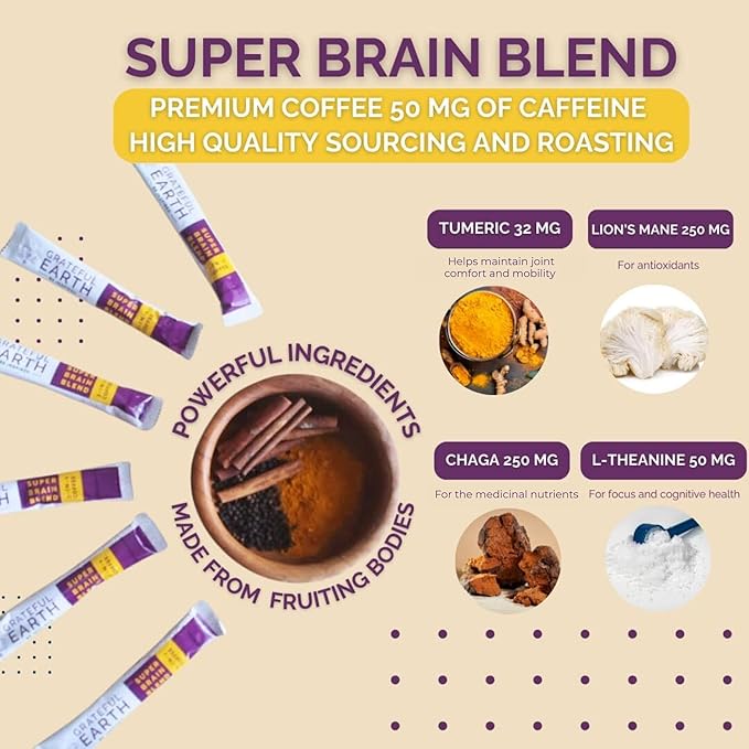 Grateful Earth Mushroom Coffee Coconut Instant Coffee with Lion’s Mane Mushrooms Chaga Turmeric L-Theanine Cinnamon Super Brain Blend For Energy &amp Immune Support Dairy &amp Gluten Free 20