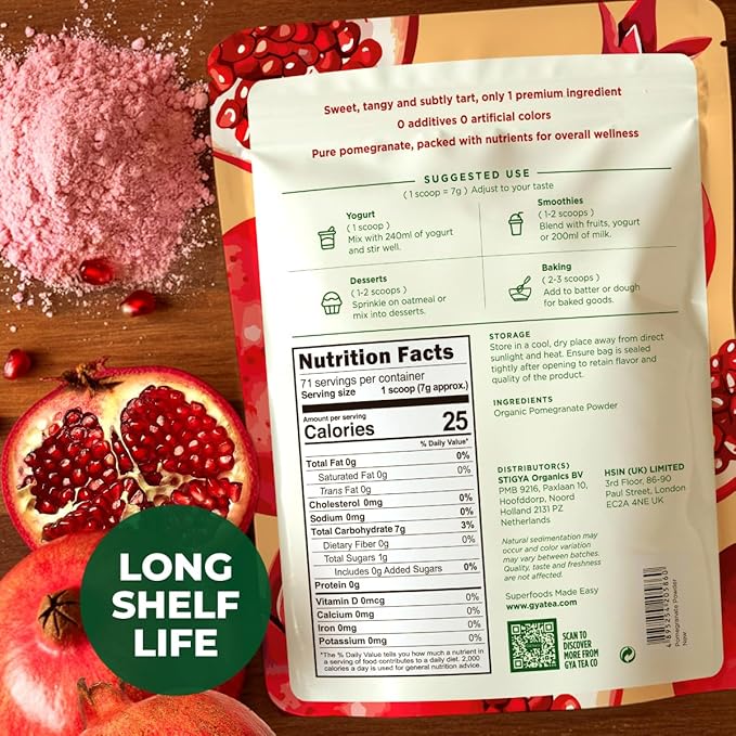 Gya Tea Co Organic Pomegranate Powder 1.1lb (17.64 Oz) - Antioxidant Rich Superfood for Drinks Baking - Immunity &amp Energy Boost - Fresh Natural Whole Fruit - Non-GMO Gluten-Free Sugar-Free