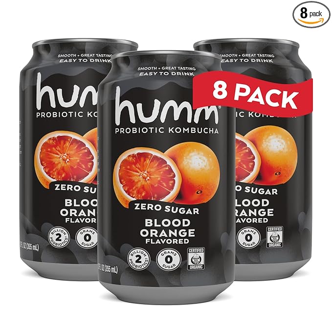 Humm Probiotic Kombucha Zero Sugar Blood Orange No Refrigeration Needed Keto Friendly Organic Vegan Gluten Free 12oz Cans (8 Pack)
