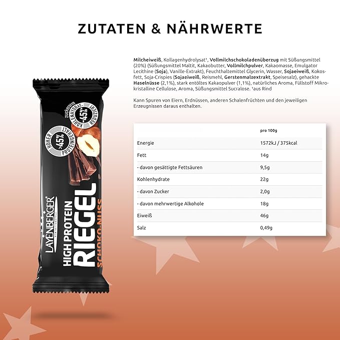 Layenberger High Protein Bar Fitness Power Bar Lots of Protein Low Sugar Pack of 18 (18 x 35 g) - Chocolate Nut